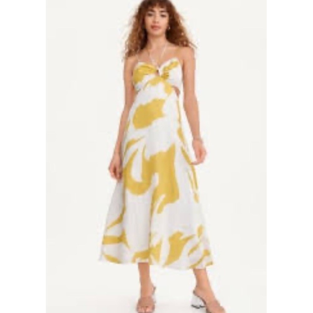 NWT‎ DKNY Womens Yellow White Abstract Print Cutout Midi Dress Sz 4  Resort